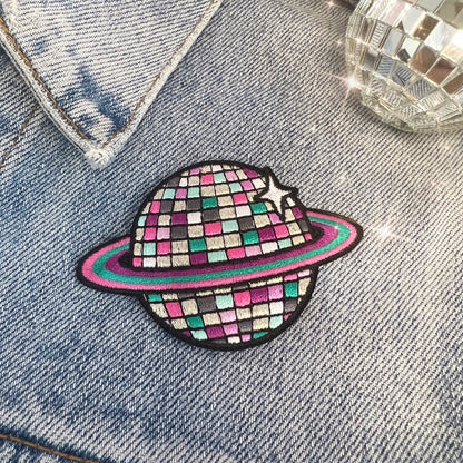 TR00643-MLT-OS - Disco Ball Planet Patch - Embroidered Iron on Patches for Jackets - Planet Cute Gifts - Wildflower + Co on jacket closeup
