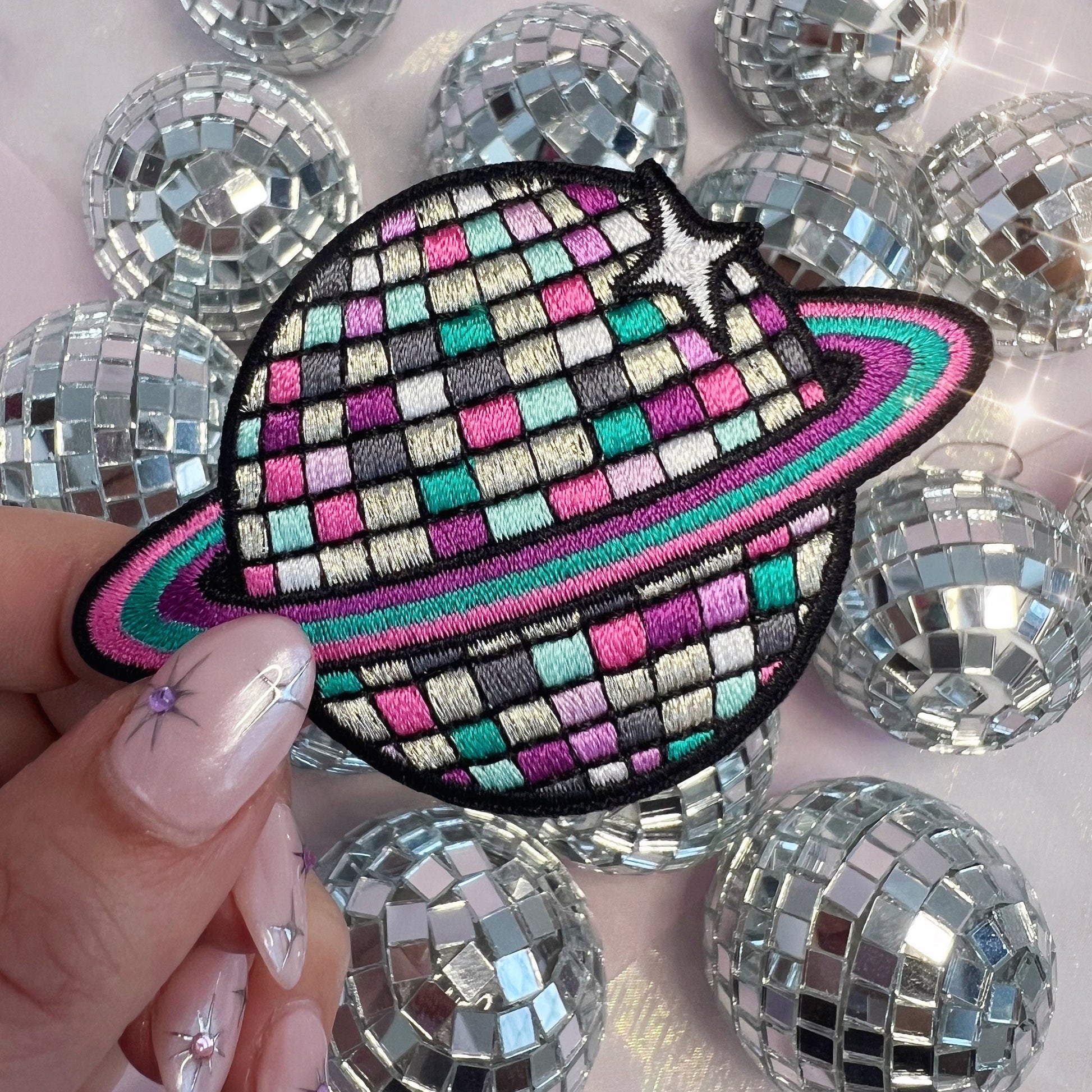 TR00643-MLT-OS - Disco Ball Planet Patch - Embroidered Iron on Patches for Jackets - Planet Cute Gifts - Wildflower + Co in hand
