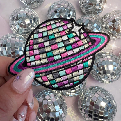 TR00643-MLT-OS - Disco Ball Planet Patch - Embroidered Iron on Patches for Jackets - Planet Cute Gifts - Wildflower + Co in hand