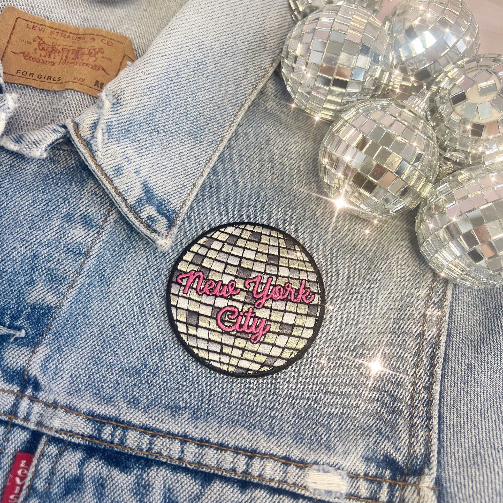 TR00644-MLT-OS - Disco Ball New York City Patch -  Embroidered Iron On Patch - NYC Souvenir Gift - Wildflower + Co on jacket