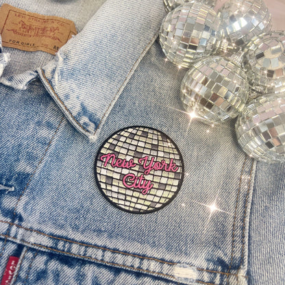 TR00644-MLT-OS - Disco Ball New York City Patch -  Embroidered Iron On Patch - NYC Souvenir Gift - Wildflower + Co on jacket