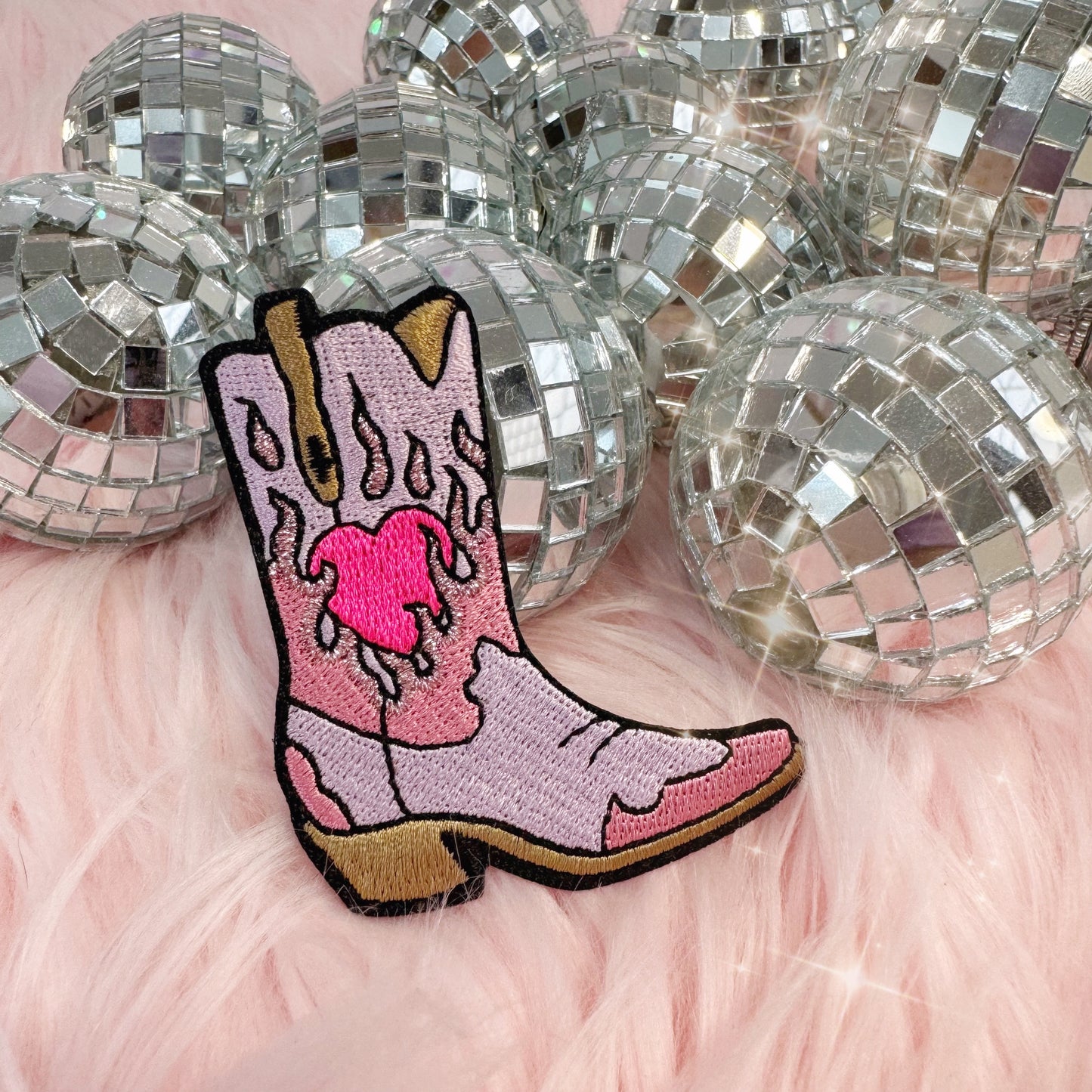 TR00648-LIL-OS - Burning Love Cowgirl Boot Patch, Lilac Pink disco balls