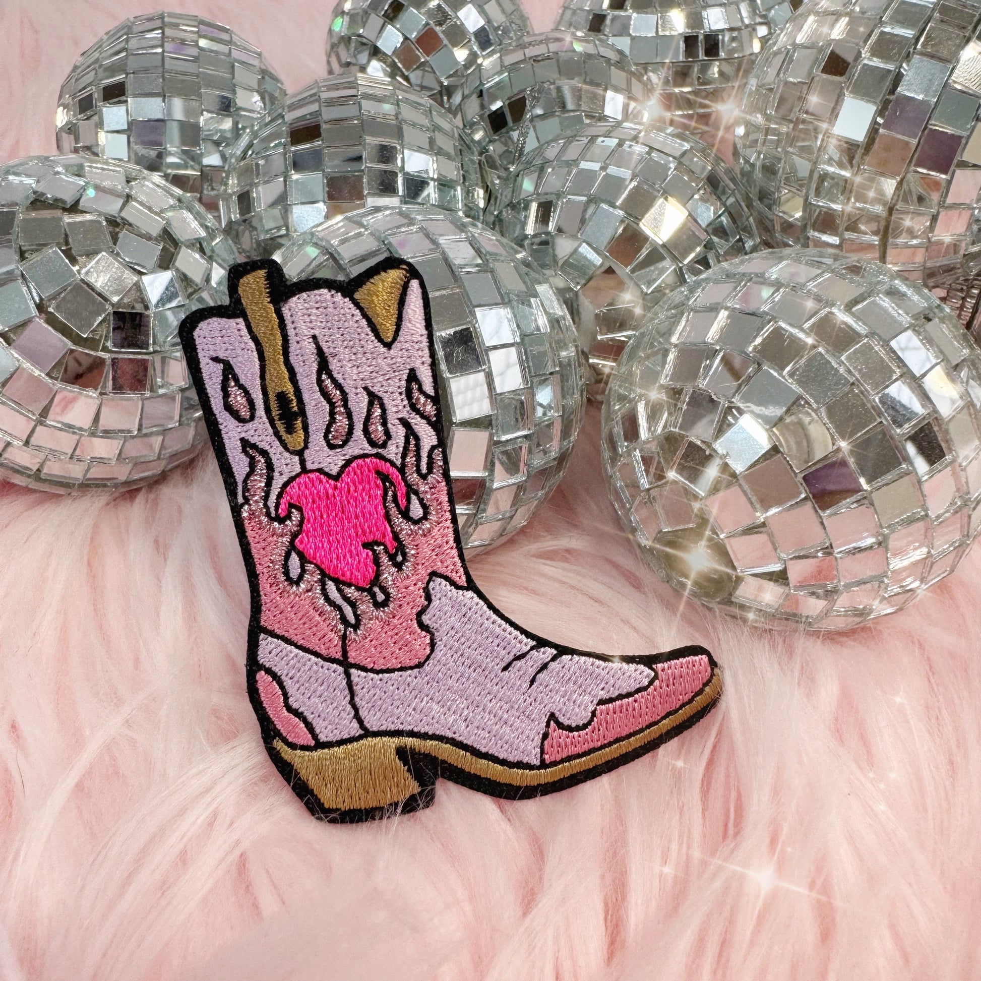 TR00648-LIL-OS - Burning Love Cowgirl Boot Patch, Lilac Pink disco balls