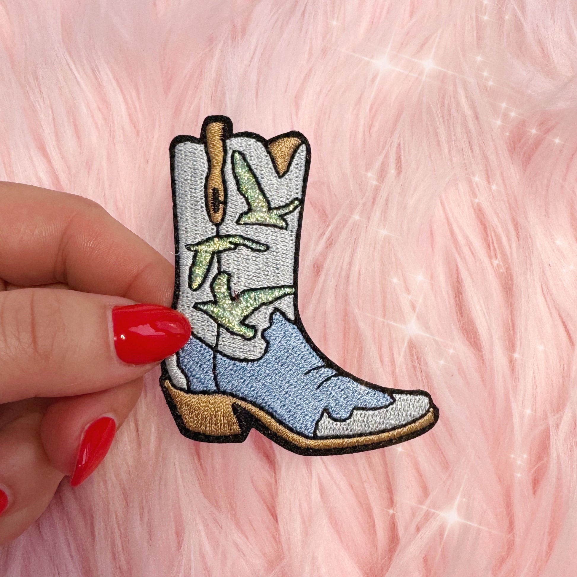 TR00650-BLU-OS - Seagull Cowgirl Boot Patch - Embroidered Iron on Patches for Jackets - Wildflower + Co (1) in hand