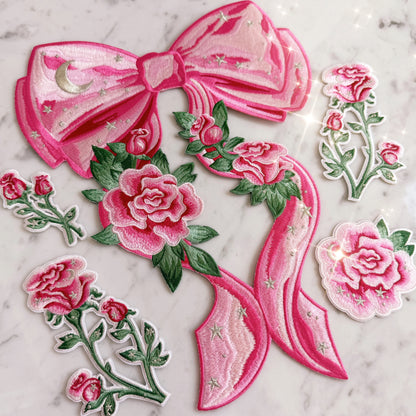 TR00664-PNK-OS - Bow XL Back Patch, Pink - Coquette Patches - Pink Embroidered Iron on Patches - Girlycore Balletcore Royalcore Aesthetic - Wildflower + Co collection