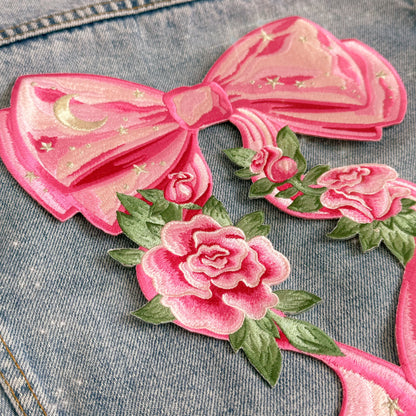 TR00664-PNK-OS - Bow XL Back Patch, Pink - Coquette Patches - Pink Embroidered Iron on Patches - Girlycore Balletcore Royalcore Aesthetic - Wildflower + Co detail