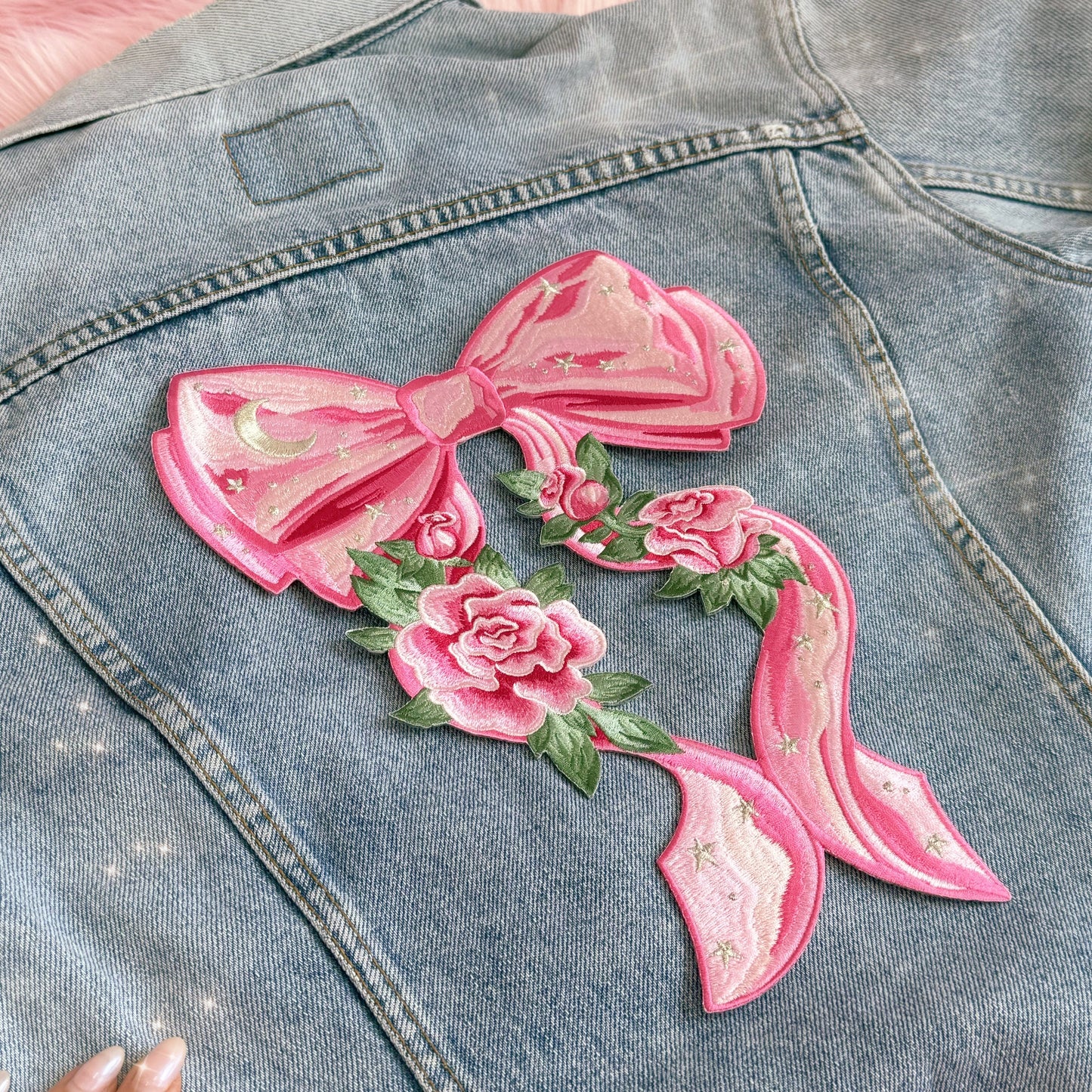 TR00664-PNK-OS - Bow XL Back Patch, Pink - Coquette Patches - Pink Embroidered Iron on Patches - Girlycore Balletcore Royalcore Aesthetic - Wildflower + Co jacket