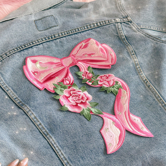 TR00664-PNK-OS - Bow XL Back Patch, Pink - Coquette Patches - Pink Embroidered Iron on Patches - Girlycore Balletcore Royalcore Aesthetic - Wildflower + Co jacket