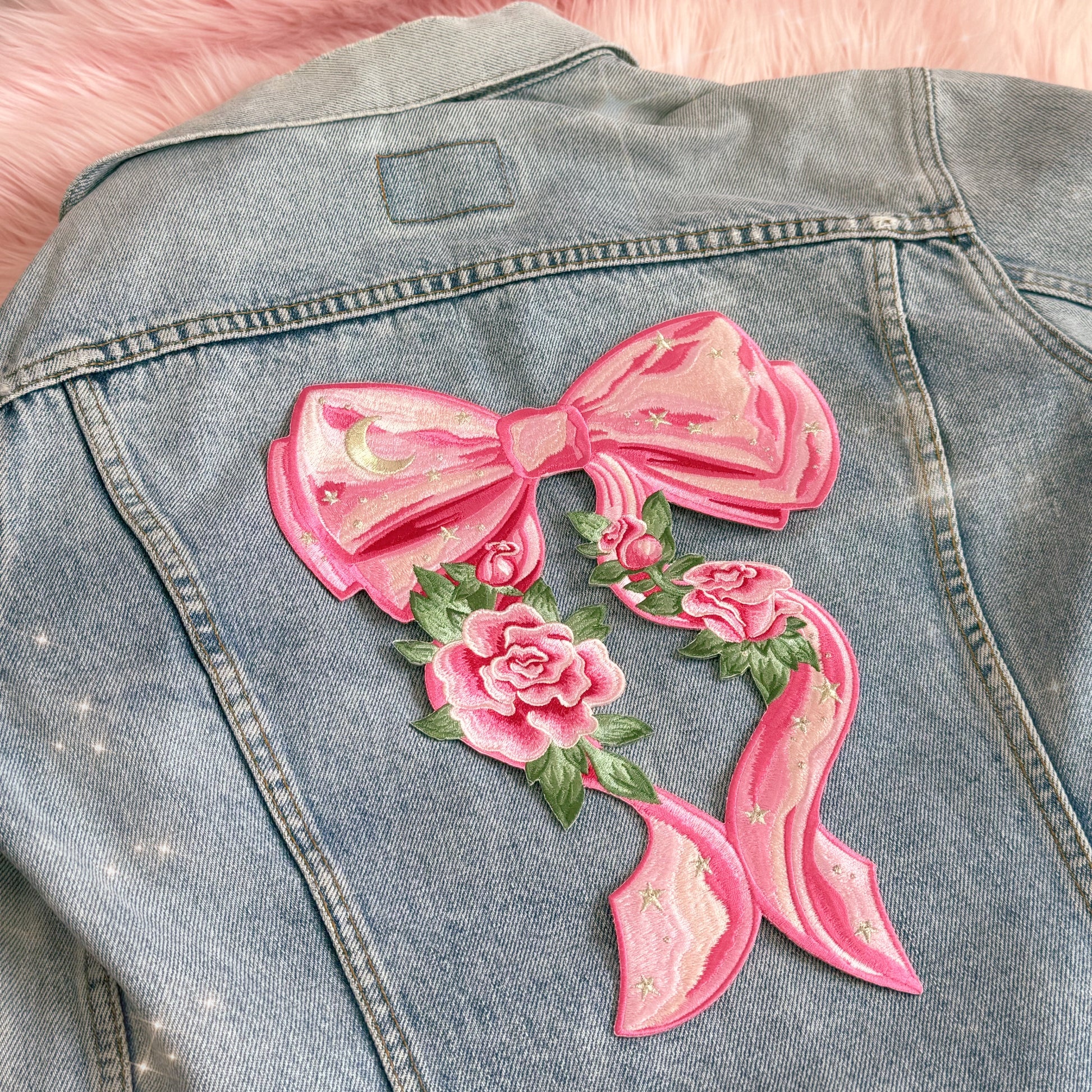 TR00664-PNK-OS - Bow XL Back Patch, Pink - Coquette Patches - Pink Embroidered Iron on Patches - Girlycore Balletcore Royalcore Aesthetic - Wildflower + Co jacket2
