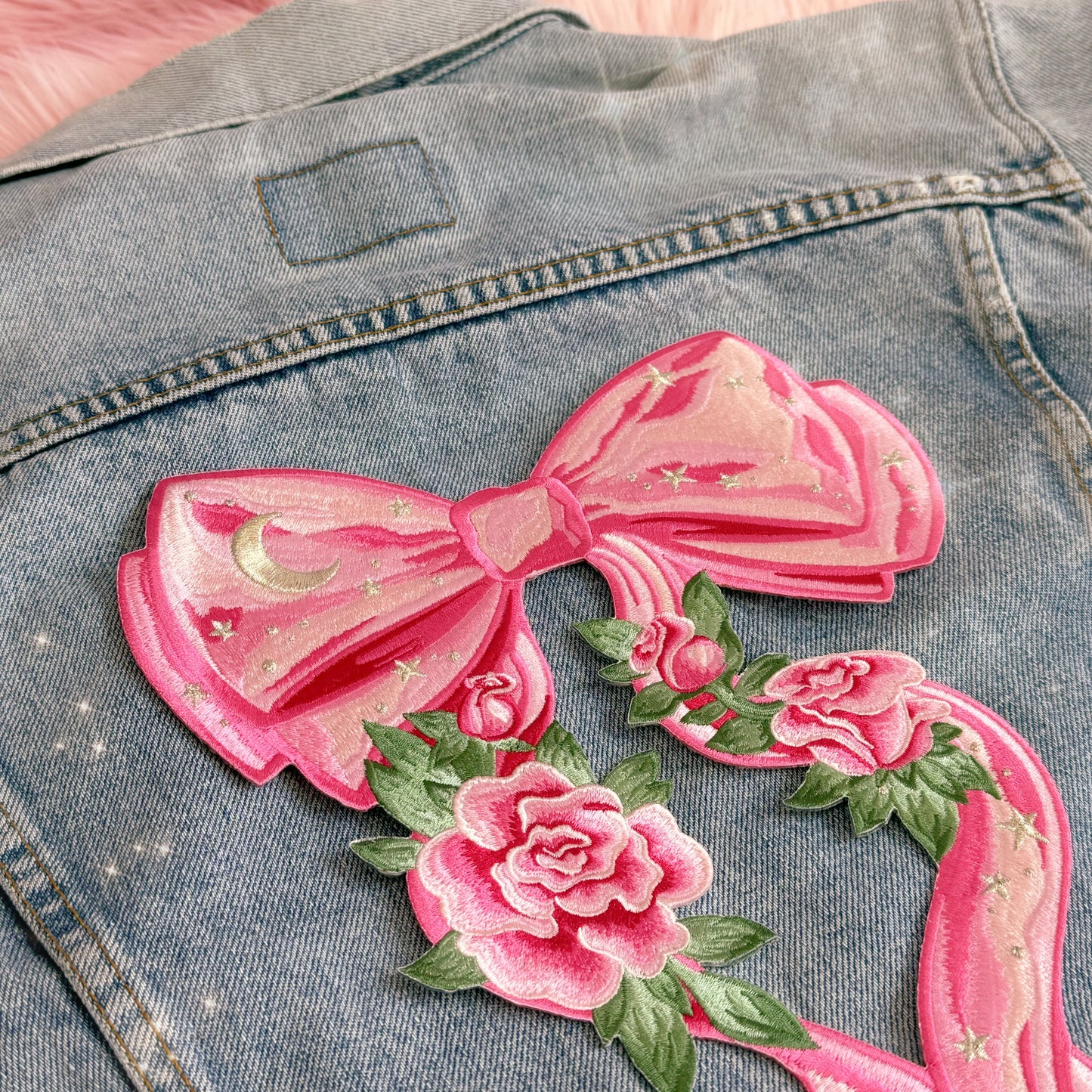TR00664-PNK-OS - Bow XL Back Patch, Pink - Coquette Patches - Pink Embroidered Iron on Patches - Girlycore Balletcore Royalcore Aesthetic - Wildflower + Co (1) detail2