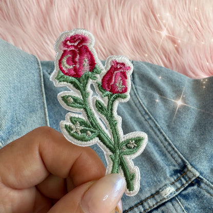 TR00665-PNK-OS - Long Stem Rose Patch, Pink - Floral Pink Embroidered Iron on Patches - Cute Gifts - Wildflower + Co - hand
