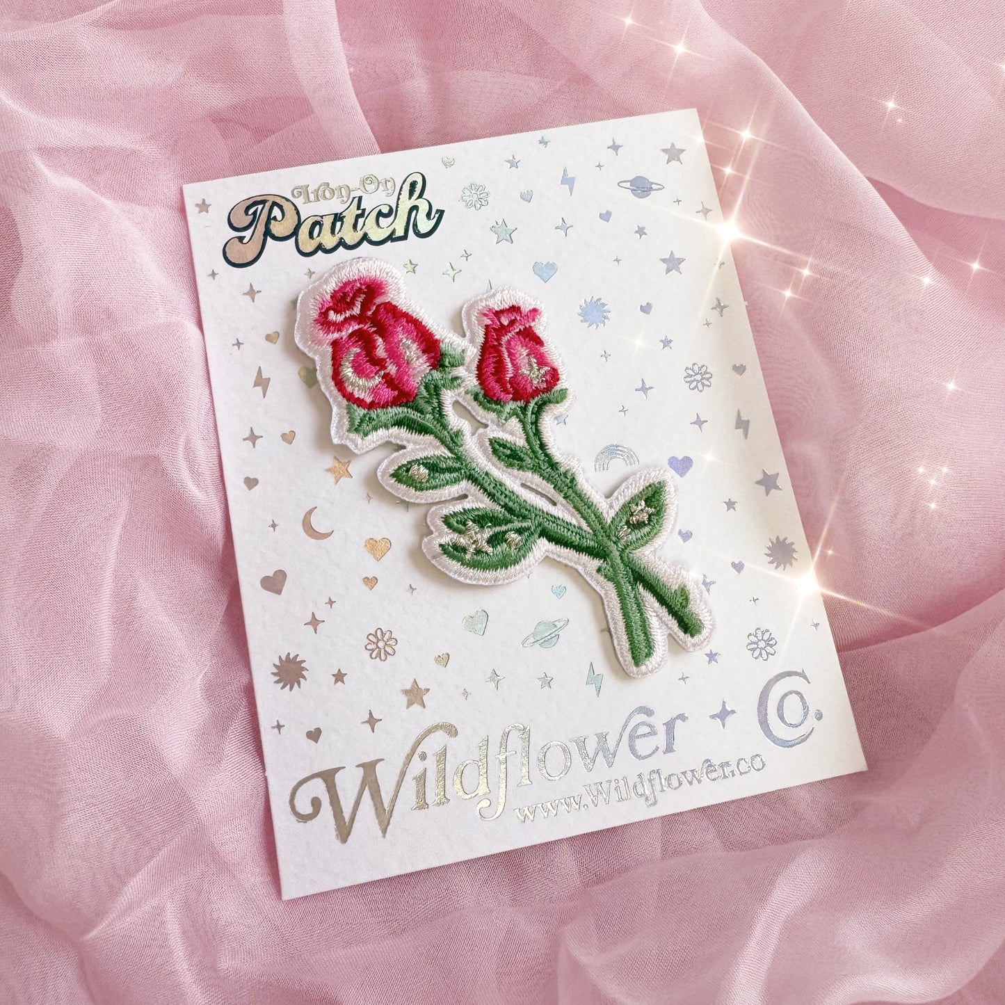 TR00665-PNK-OS - Long Stem Rose Patch, Pink - Floral Pink Embroidered Iron on Patches - Cute Gifts - Wildflower + Co on card