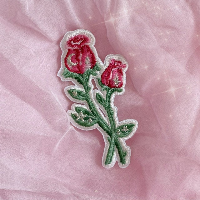 TR00665-PNK-OS - Long Stem Rose Patch, Pink - Floral Pink Embroidered Iron on Patches - Cute Gifts - Wildflower + Co on pink