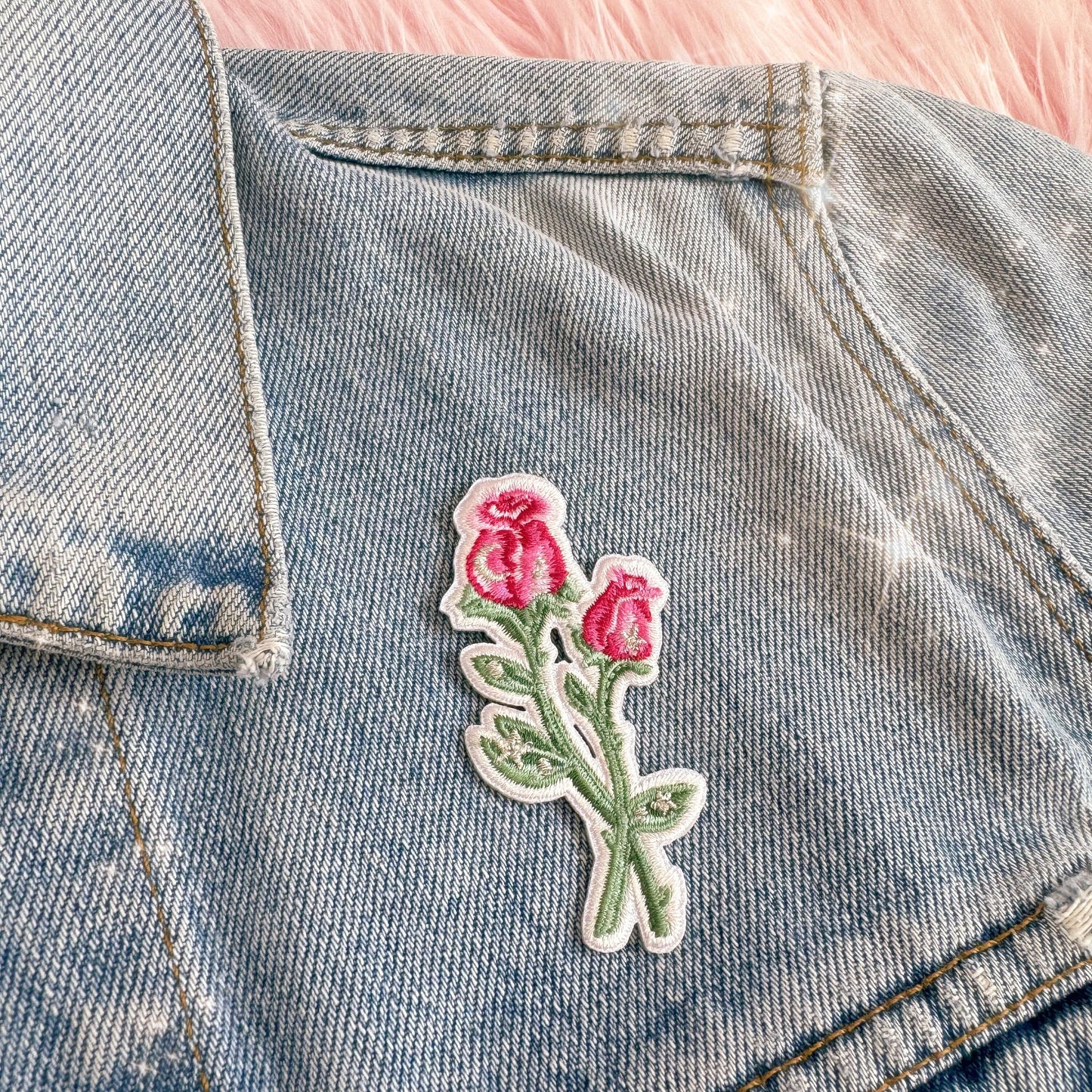 TR00665-PNK-OS - Long Stem Rose Patch, Pink - Floral Pink Embroidered Iron on Patches - Cute Gifts - Wildflower + Co on jacket