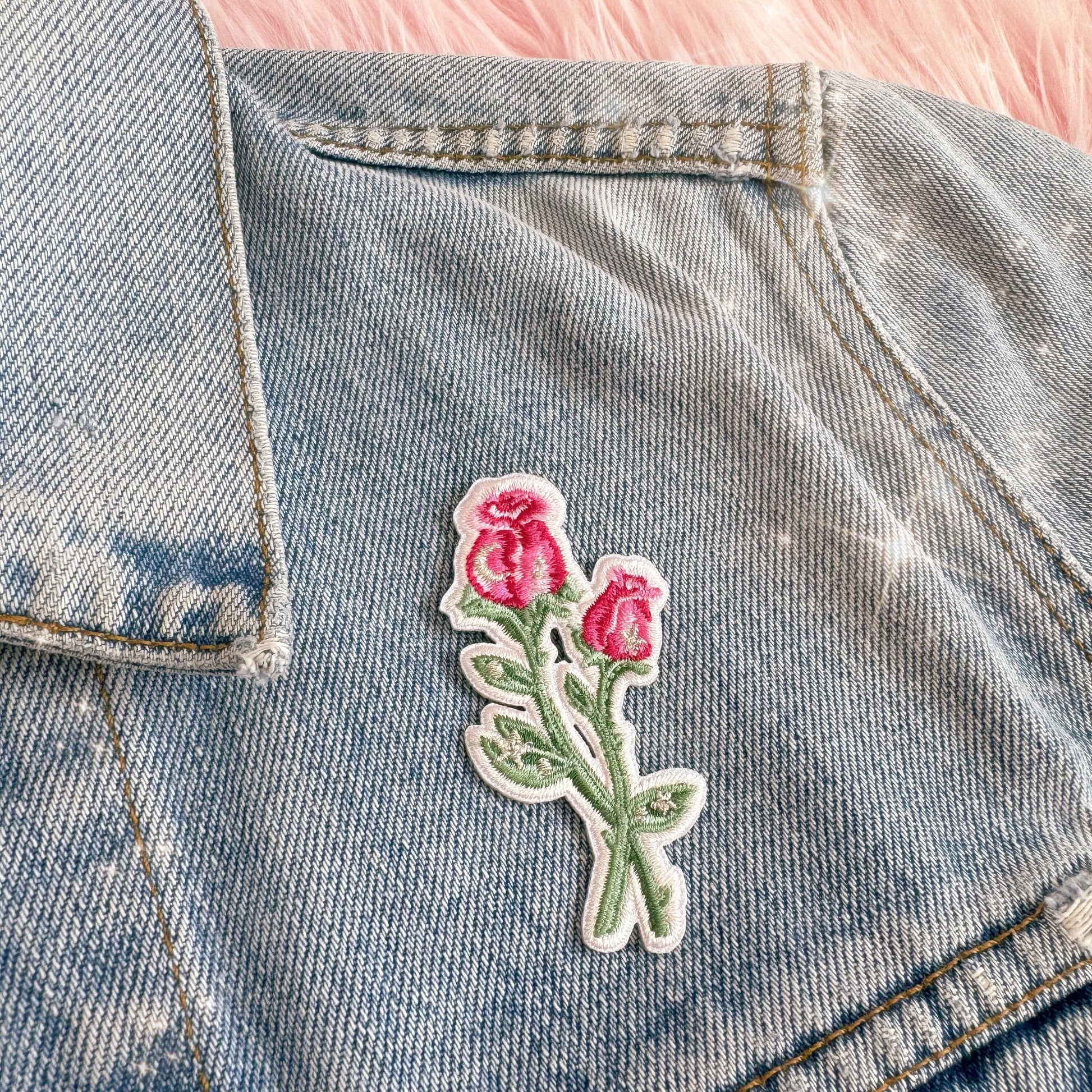 TR00665-PNK-OS - Long Stem Rose Patch, Pink - Floral Pink Embroidered Iron on Patches - Cute Gifts - Wildflower + Co on jacket
