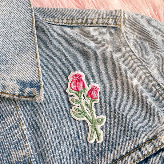 TR00665-PNK-OS - Long Stem Rose Patch, Pink - Floral Pink Embroidered Iron on Patches - Cute Gifts - Wildflower + Co on jacket