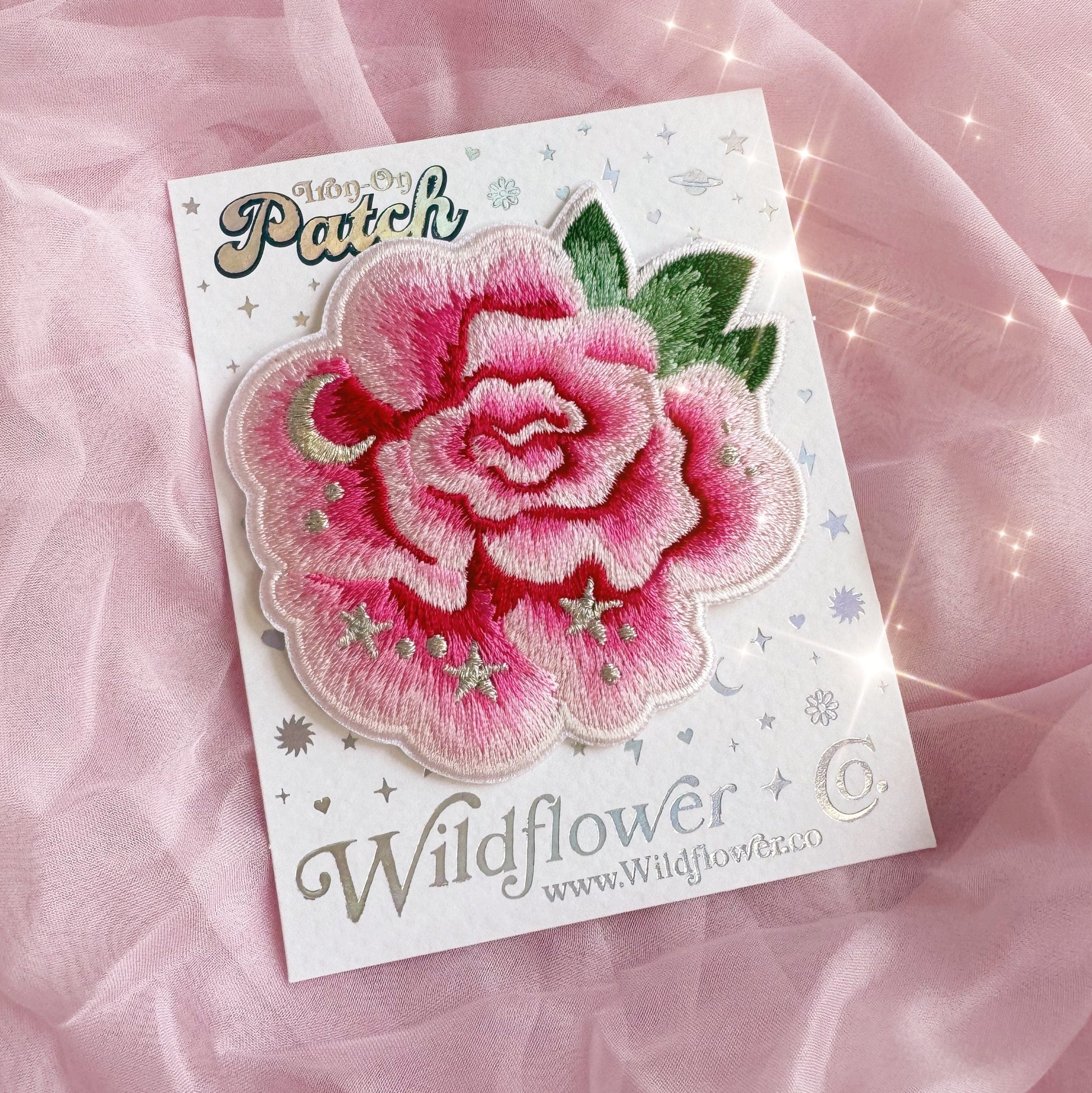 TR00667-PNK-OS - Rose Blossom Patch, Pink - Coquette Floral Pink Embroidered Iron on Patches - Royalcore Girlycore Balletcore Aesthetic - Wildflower + Co - on card