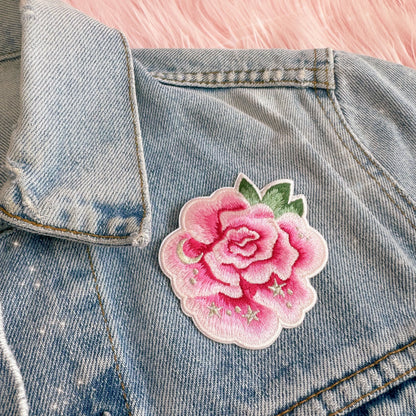 TR00667-PNK-OS - Rose Blossom Patch, Pink - Coquette Floral Pink Embroidered Iron on Patches - Royalcore Girlycore Balletcore Aesthetic - Wildflower + Co - on jacket