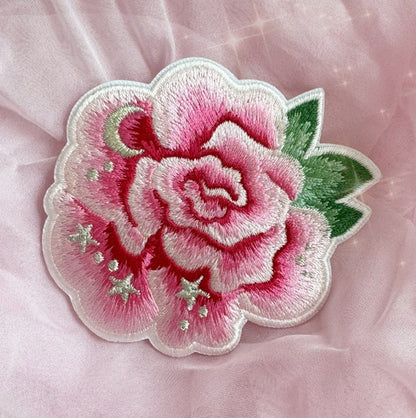 TR00667-PNK-OS - Rose Blossom Patch, Pink - Coquette Floral Pink Embroidered Iron on Patches - Royalcore Girlycore Balletcore Aesthetic - Wildflower + Co - on pink