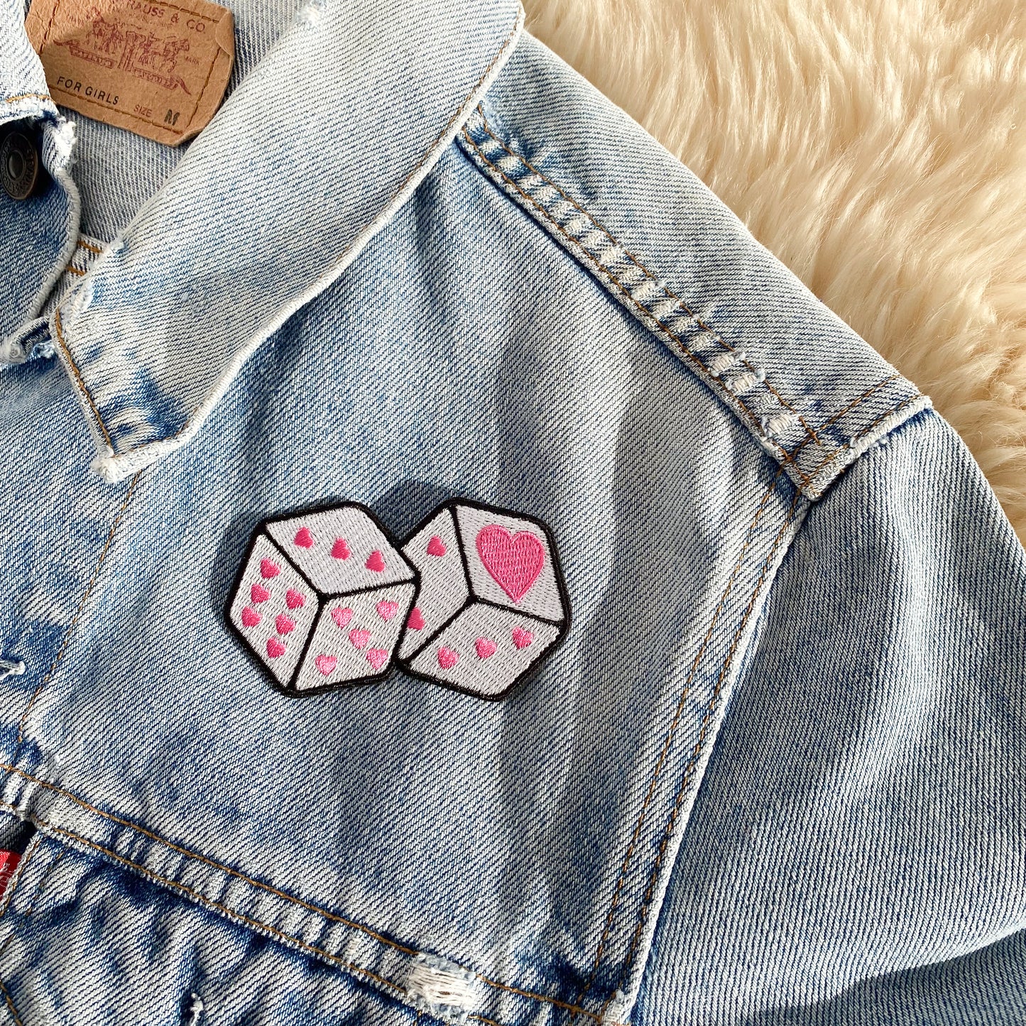 TR00669-WHT-OS heart love dice patch - pink or white - embroidered iron on patch - wildflower + co. on jacket