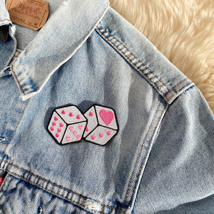 TR00669-WHT-OS heart love dice patch - pink or white - embroidered iron on patch - wildflower + co. on jacket