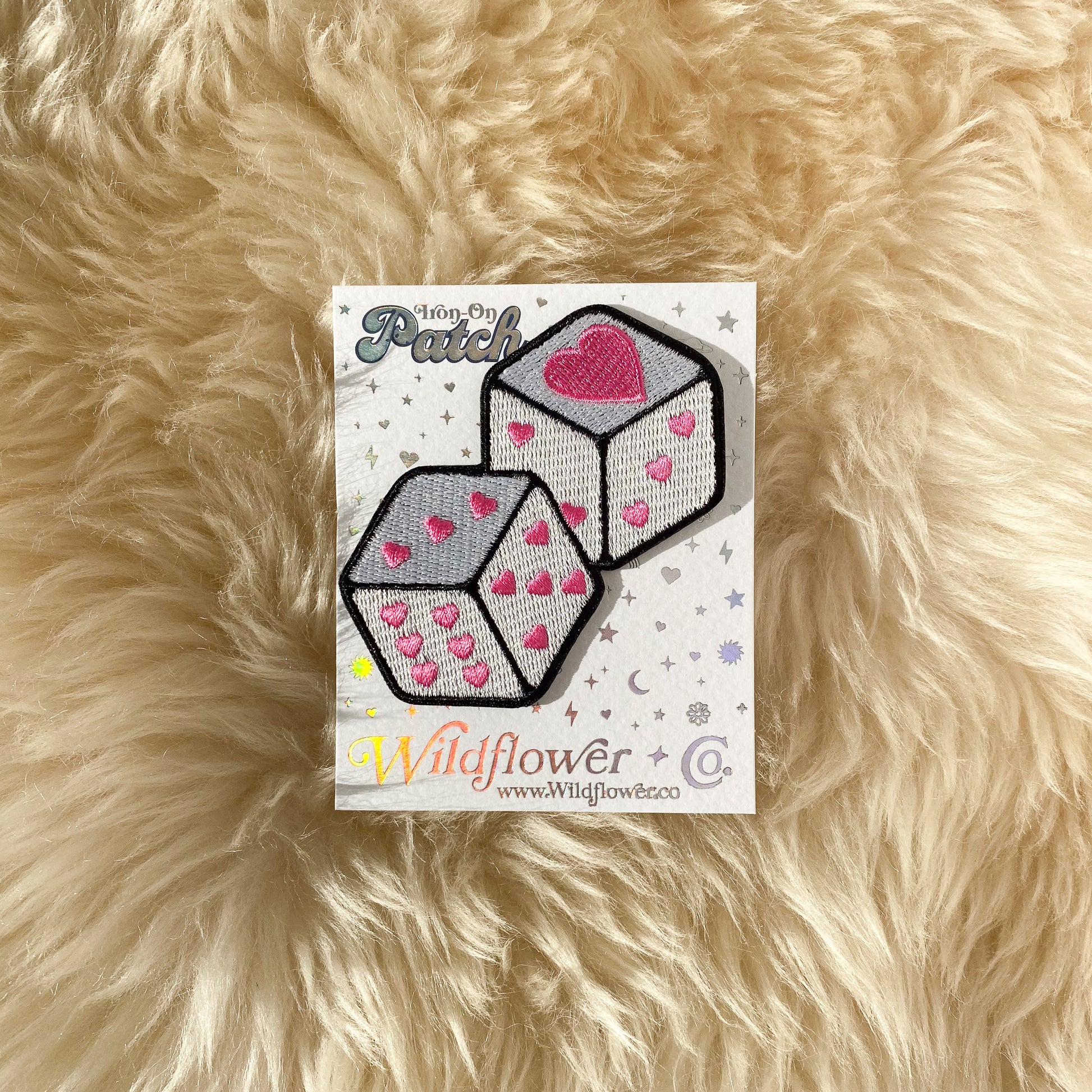 TR00669-WHT-OS heart love dice patch - pink or white - embroidered iron on patch - wildflower + co. on card