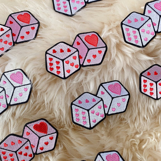 TR00669-WHT-OS heart love dice patch - pink or white - embroidered iron on patch - wildflower + co. fur