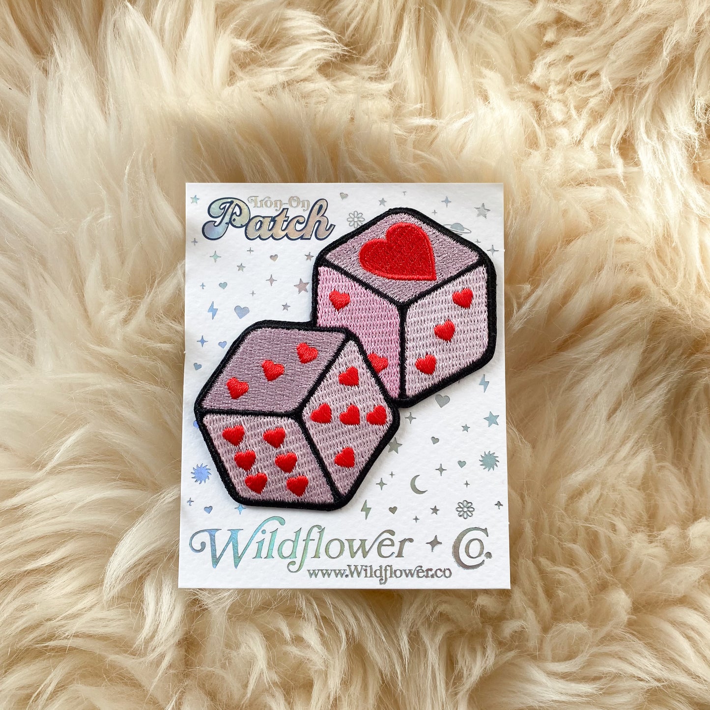 TR00669-WHT-OS heart love dice patch - pink or white - embroidered iron on patch - wildflower + co. on card