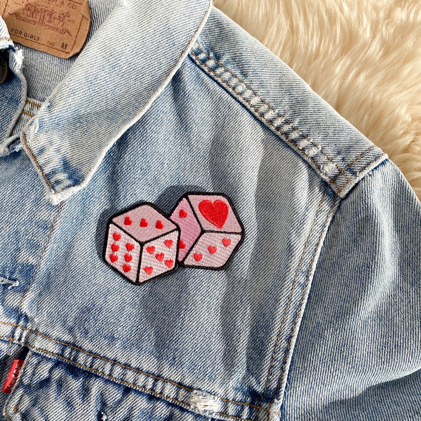 TR00669-WHT-OS heart love dice patch - pink or white - embroidered iron on patch - wildflower + co. on jacket