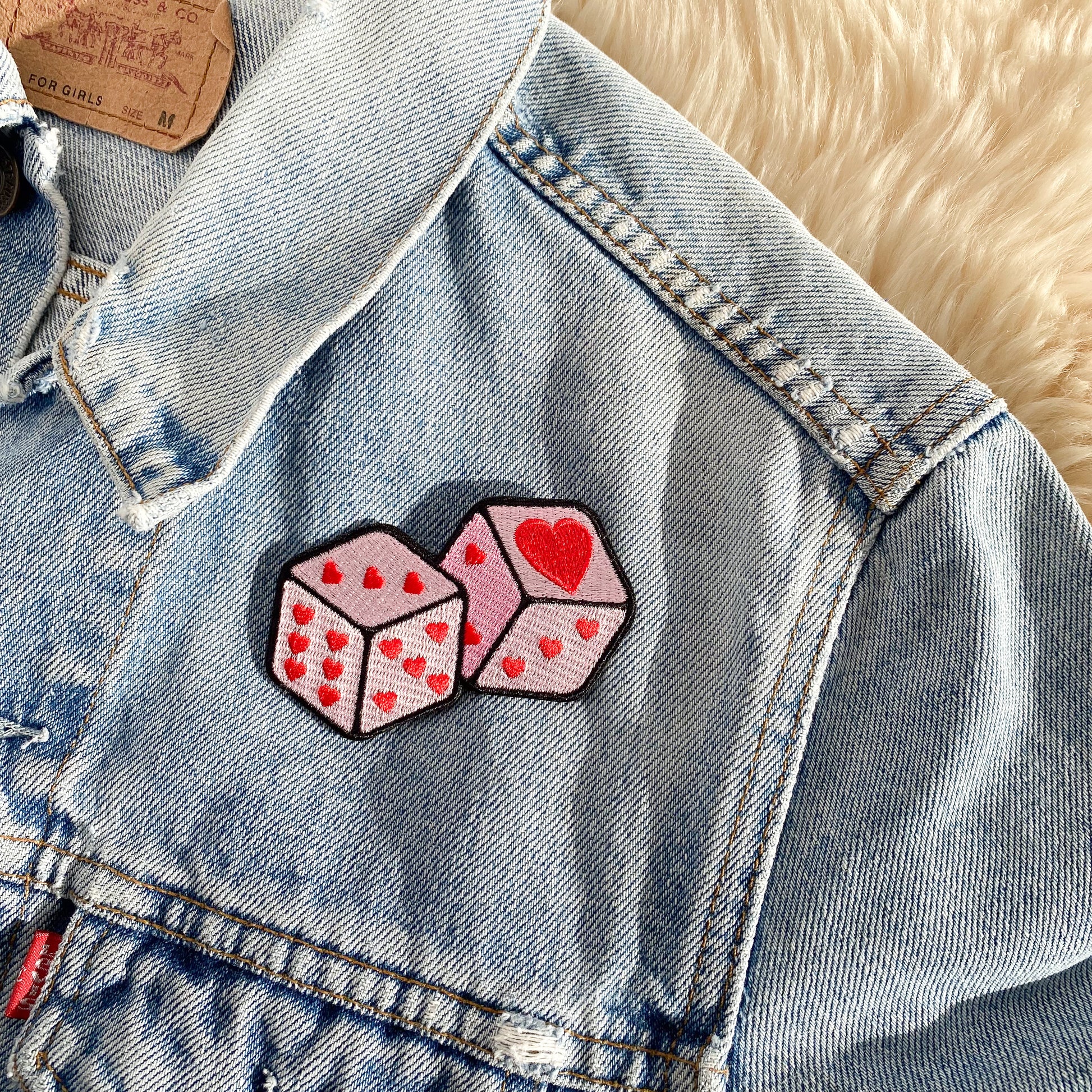 TR00669-WHT-OS heart love dice patch - pink or white - embroidered iron on patch - wildflower + co. on jacket