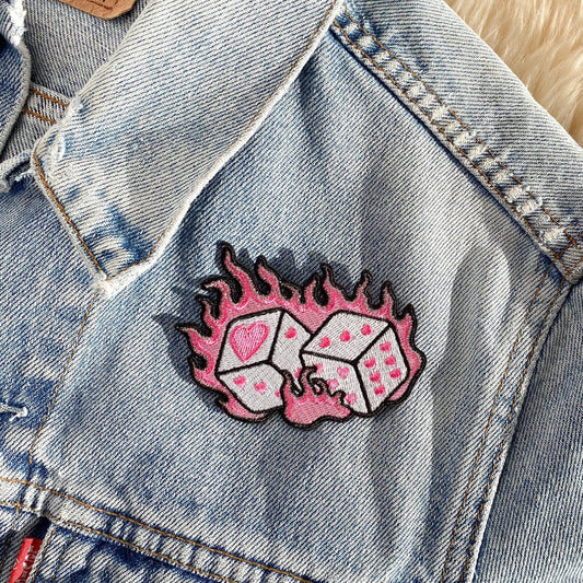 TR00674-MLT-OS - Flaming Dice Patch - Pink Patches - Embroidered Iron on Patch - Flaming Dice Accessory - Trendy Patch - Lucky Girl - Casino - Heart Dice Pair - Wildflower + Co jacket