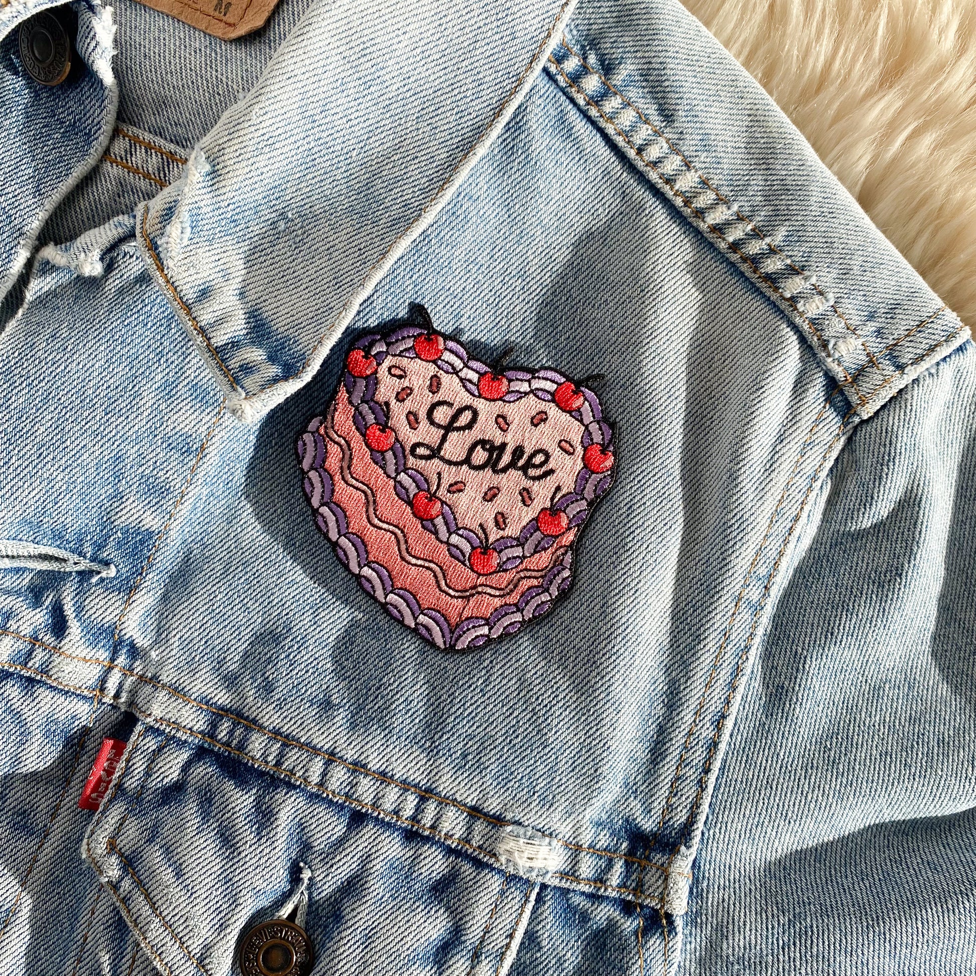TR00675-PNK-OS - Love Cake Patch - Vintage Cake Patches - Embroidered Iron on Patch - Valentine's Day Gift - Pink Patches - Girlycore - Sweet Treat Patch - Pastry - Wildflower + Co (1) jacket