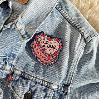 TR00675-PNK-OS - Love Cake Patch - Vintage Cake Patches - Embroidered Iron on Patch - Valentine's Day Gift - Pink Patches - Girlycore - Sweet Treat Patch - Pastry - Wildflower + Co (1) jacket