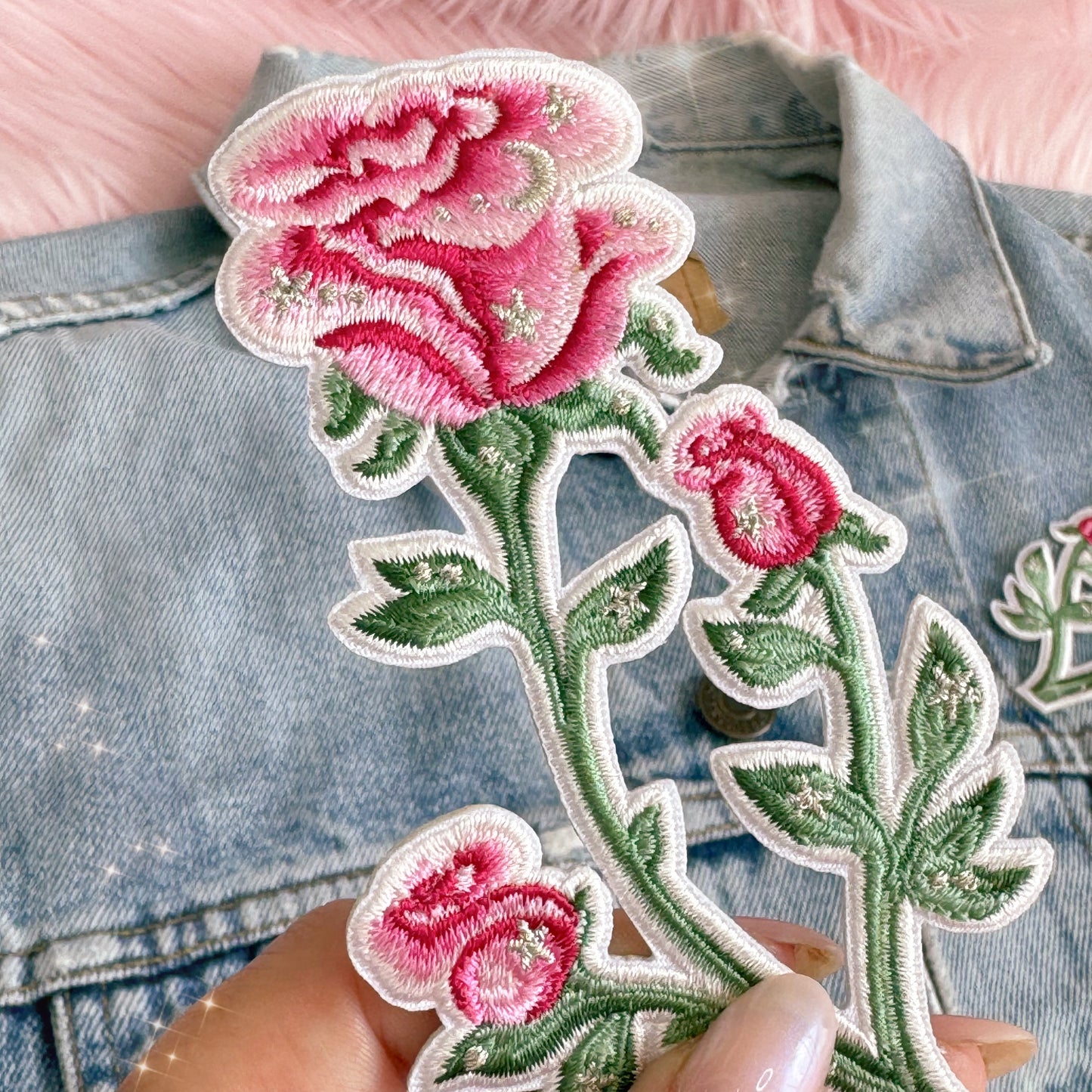 TR00678-PNK-OS - Rose Cluster S 2 Mirror Image Patches, Pink - BUNDLE - Coquette Pink Floral Embroidered Iron on Patches - Girlycore Balletcore Royalcore Aesthetic - Wildflower + Co. in hand