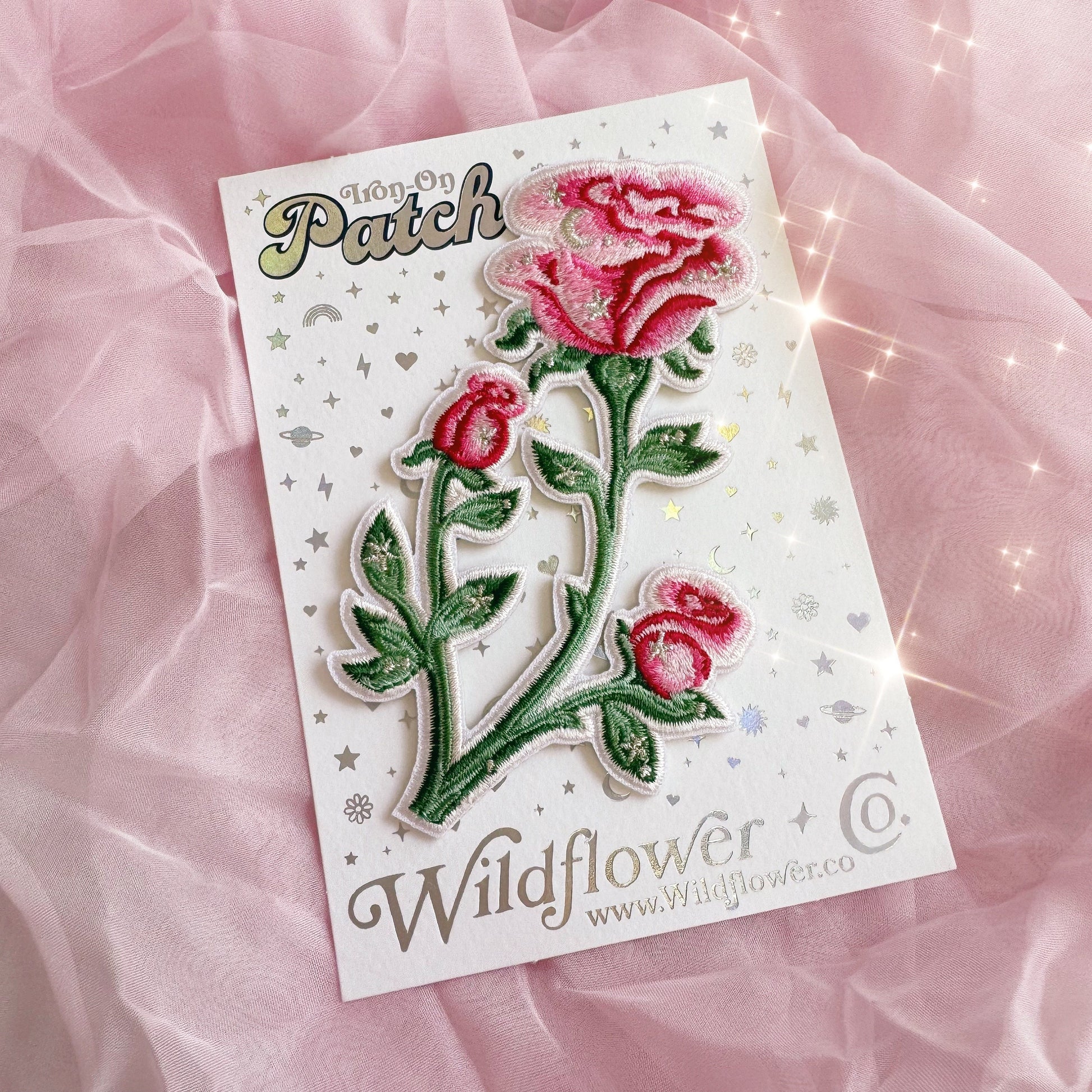 TR00678-PNK-OS - Rose Cluster S 2 Mirror Image Patches, Pink - BUNDLE - Coquette Pink Floral Embroidered Iron on Patches - Girlycore Balletcore Royalcore Aesthetic - Wildflower + Co. on card