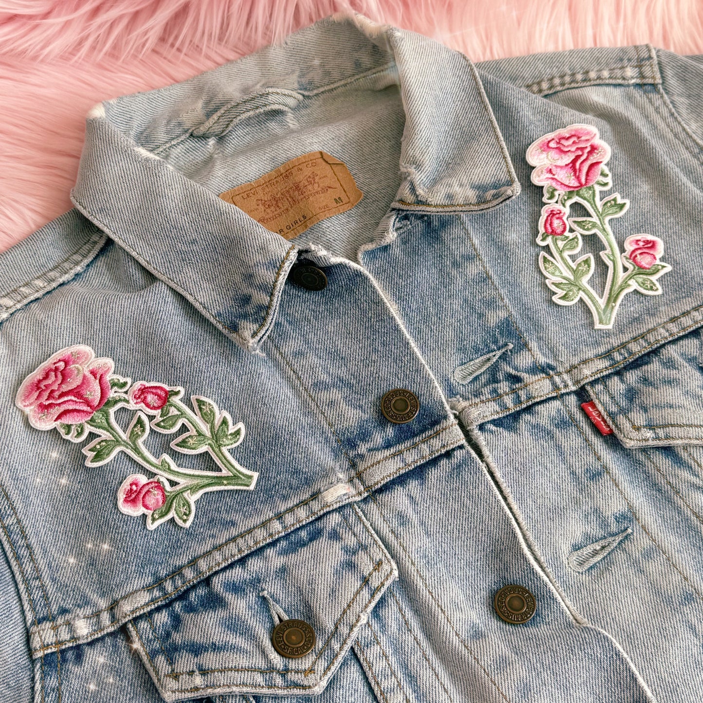 TR00678-PNK-OS - Rose Cluster S 2 Mirror Image Patches, Pink - BUNDLE - Coquette Pink Floral Embroidered Iron on Patches - Girlycore Balletcore Royalcore Aesthetic - Wildflower + Co. jacket