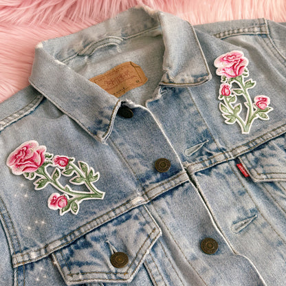 TR00678-PNK-OS - Rose Cluster S 2 Mirror Image Patches, Pink - BUNDLE - Coquette Pink Floral Embroidered Iron on Patches - Girlycore Balletcore Royalcore Aesthetic - Wildflower + Co. jacket