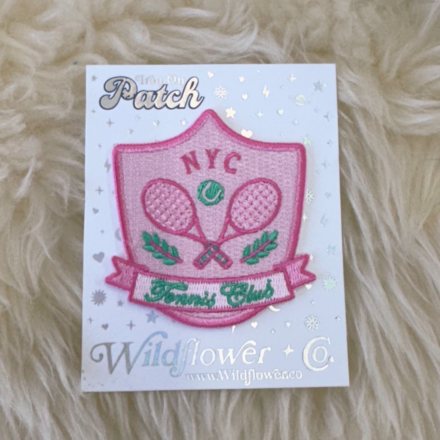 TR00705-PNK-OS - Tennis Badge Patch, Pink Multi - Embroidered Iron on Patches - Trendy Sporty Preppy Patch - Wildflower + Co (1) card