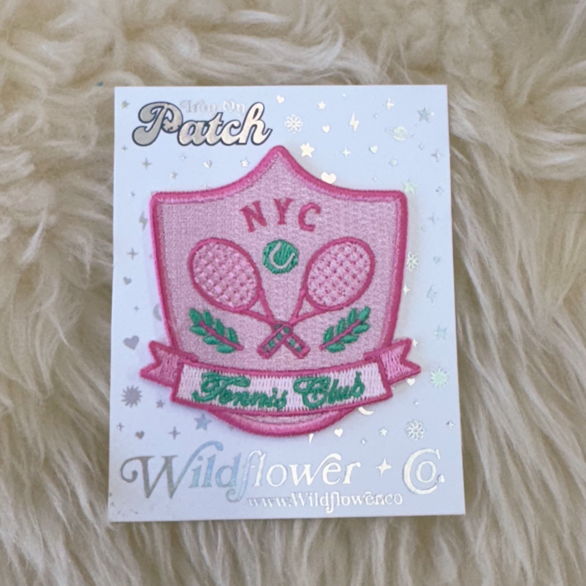 TR00705-PNK-OS - Tennis Badge Patch, Pink Multi - Embroidered Iron on Patches - Trendy Sporty Preppy Patch - Wildflower + Co (1) card