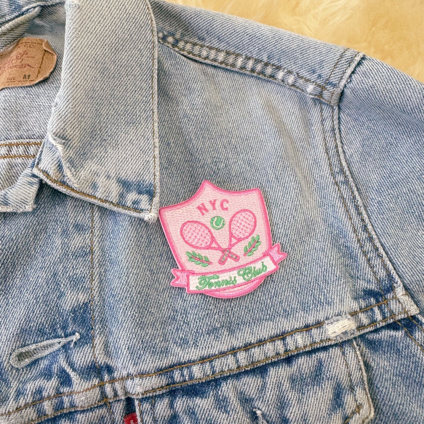 TR00705-PNK-OS - Tennis Badge Patch, Pink Multi - Embroidered Iron on Patches - Trendy Sporty Preppy Patch - Wildflower + Co (1) jacket