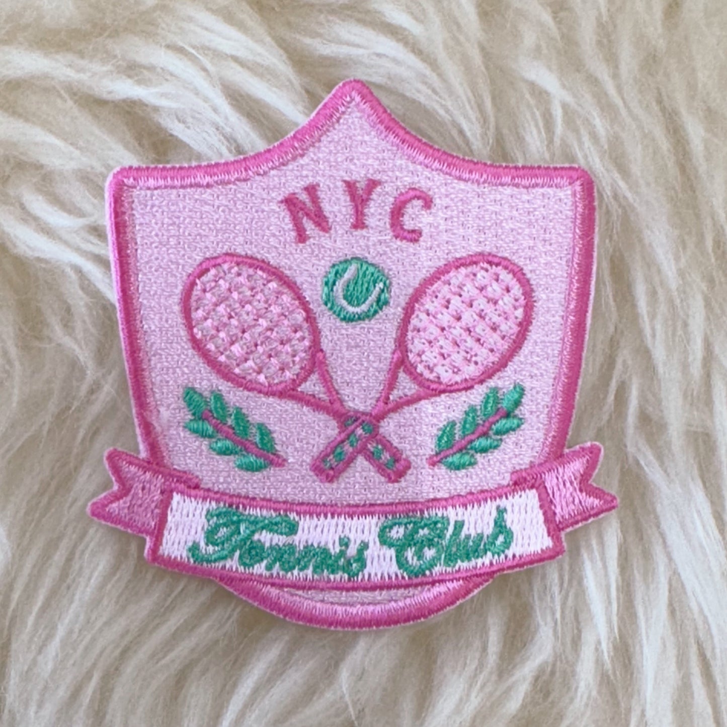 TR00705-PNK-OS - Tennis Badge Patch, Pink Multi - Embroidered Iron on Patches - Trendy Sporty Preppy Patch - Wildflower + Co (1) fur
