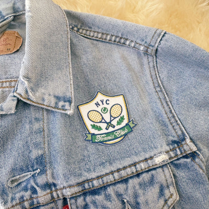 TR00706-GRN-OS - Tennis Badge Patch, Green Multi - Embroidered Iron on Patches - Trendy Preppy Sporty Patch - Wildflower + Co (1) jacket