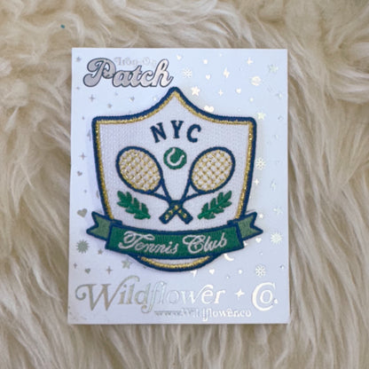 TR00706-GRN-OS - Tennis Badge Patch, Green Multi - Embroidered Iron on Patches - Trendy Preppy Sporty Patch - Wildflower + Co (1) card