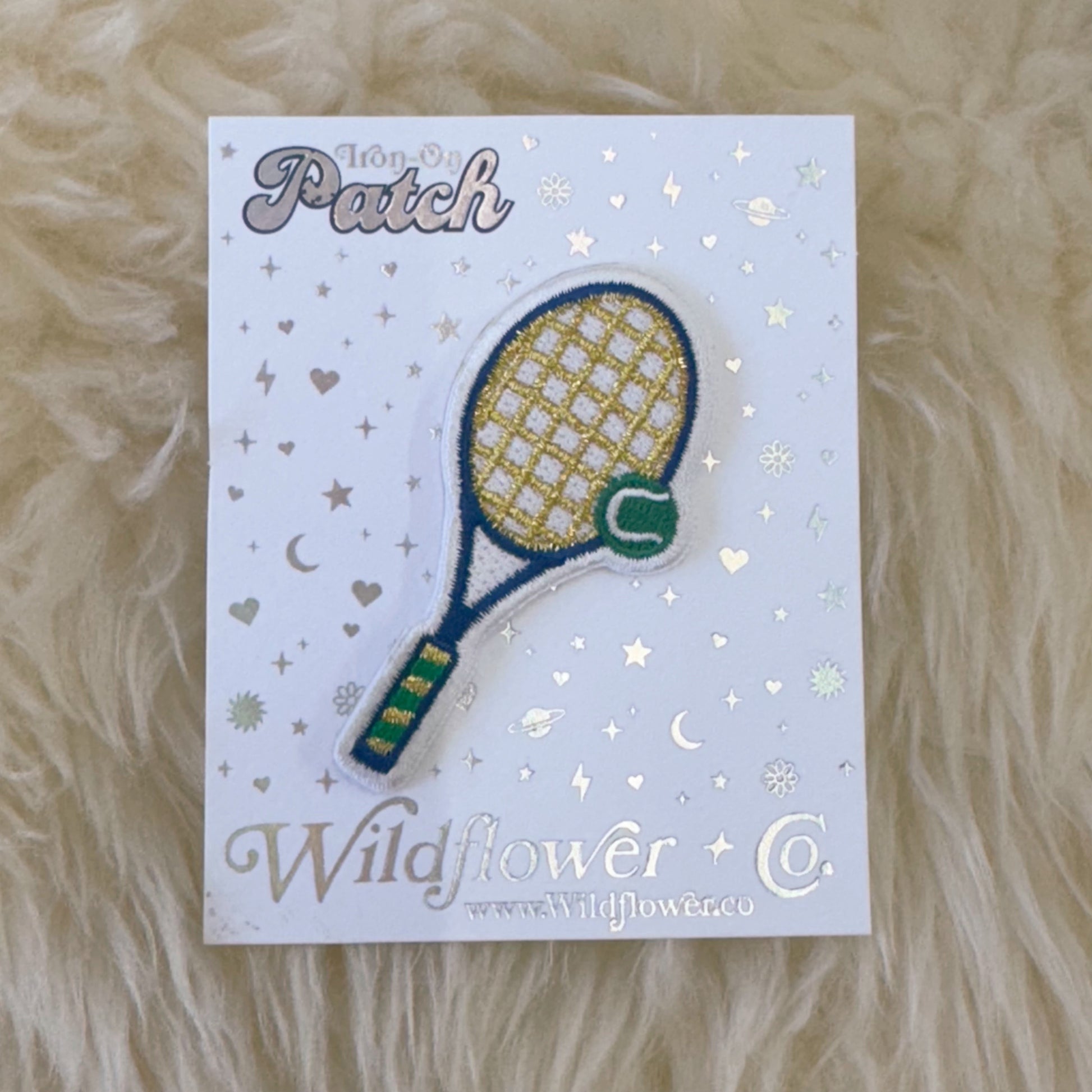 TR00708-NVY-OS - Tennis Racket Patch, Navy Multi - Embroidered Iron on Patches for Jackets - Sporty Trendy Preppy Patch - Wildflower + Co (2) on card
