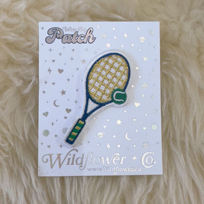 TR00708-NVY-OS - Tennis Racket Patch, Navy Multi - Embroidered Iron on Patches for Jackets - Sporty Trendy Preppy Patch - Wildflower + Co (2) on card