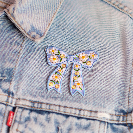 Daisy Bow Patch - Blue Gingham