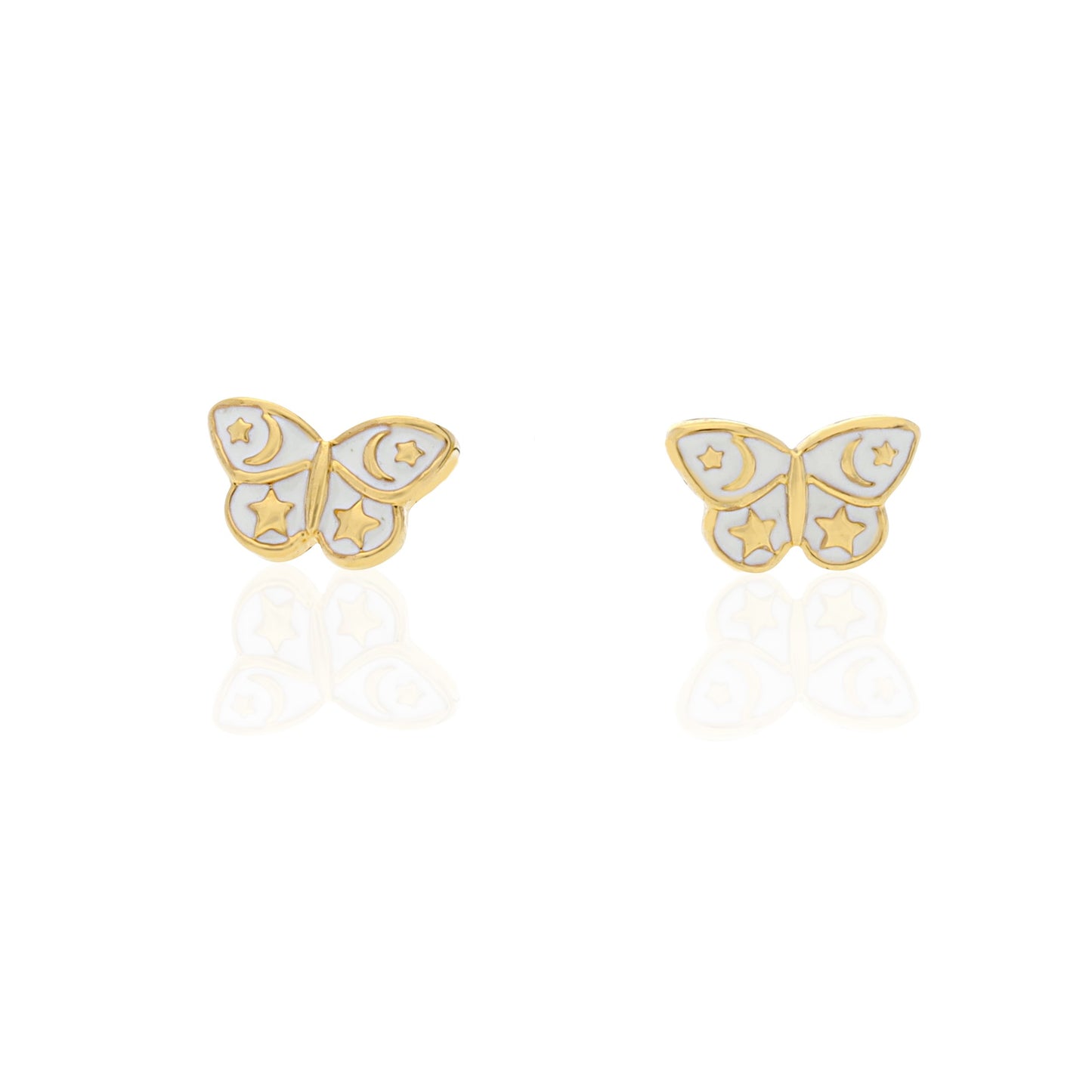 JW00879-GLD-OS-R - Butterfly Stud Earrings - Tiny White Gold Moons Celestial - Wildflower + Co Jewelry BOXED floating