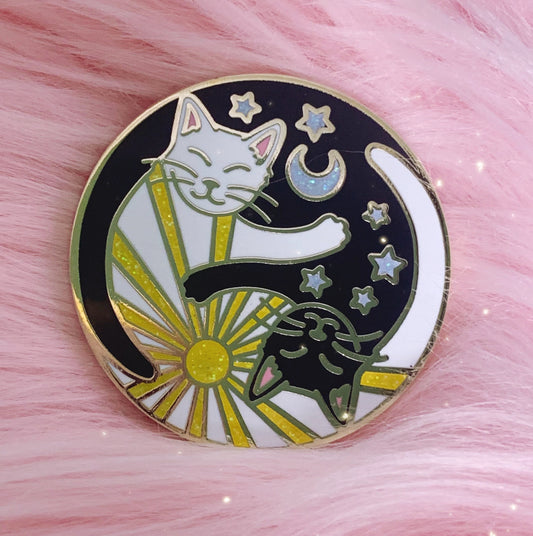 cuddly kitties cats yin yang enamel pin on pink faux fur
