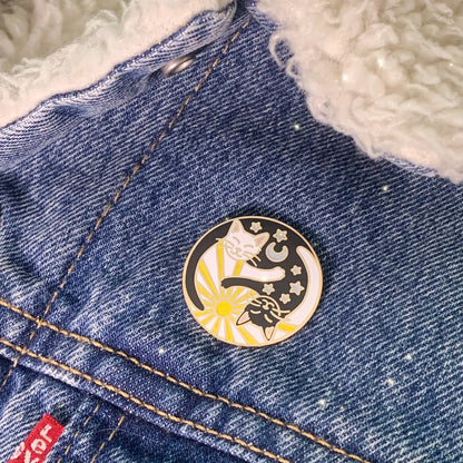 cuddly kitties cats yin yang enamel pin on jacket