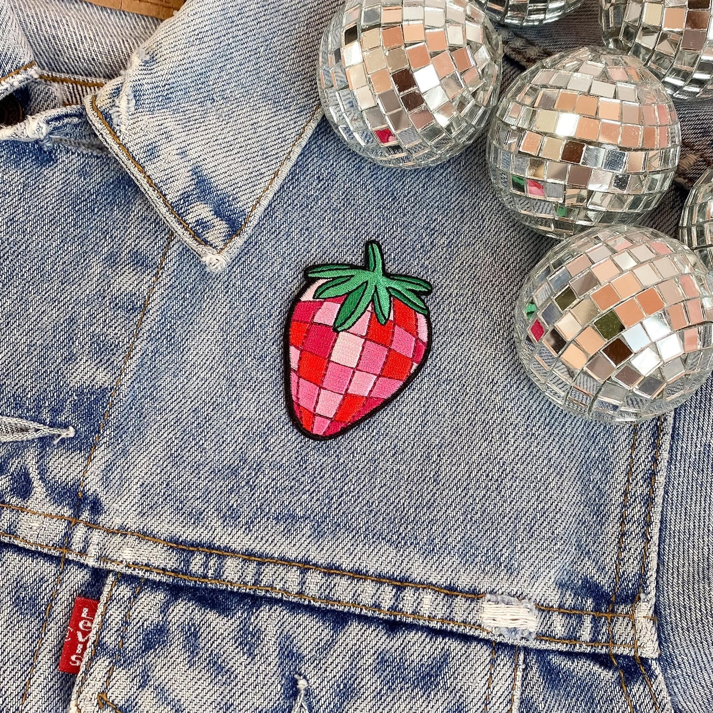disco strawberry patch - embroidered iron on patch on jacket
